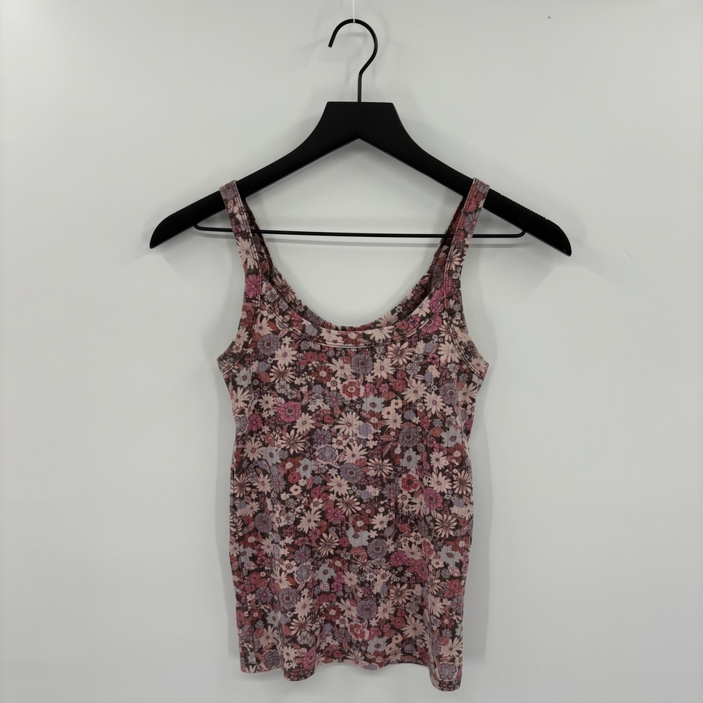 Aerie Ribbed Floral Tank Top XS Pink Purple Scoop Neck Boho Cottagecore Summer